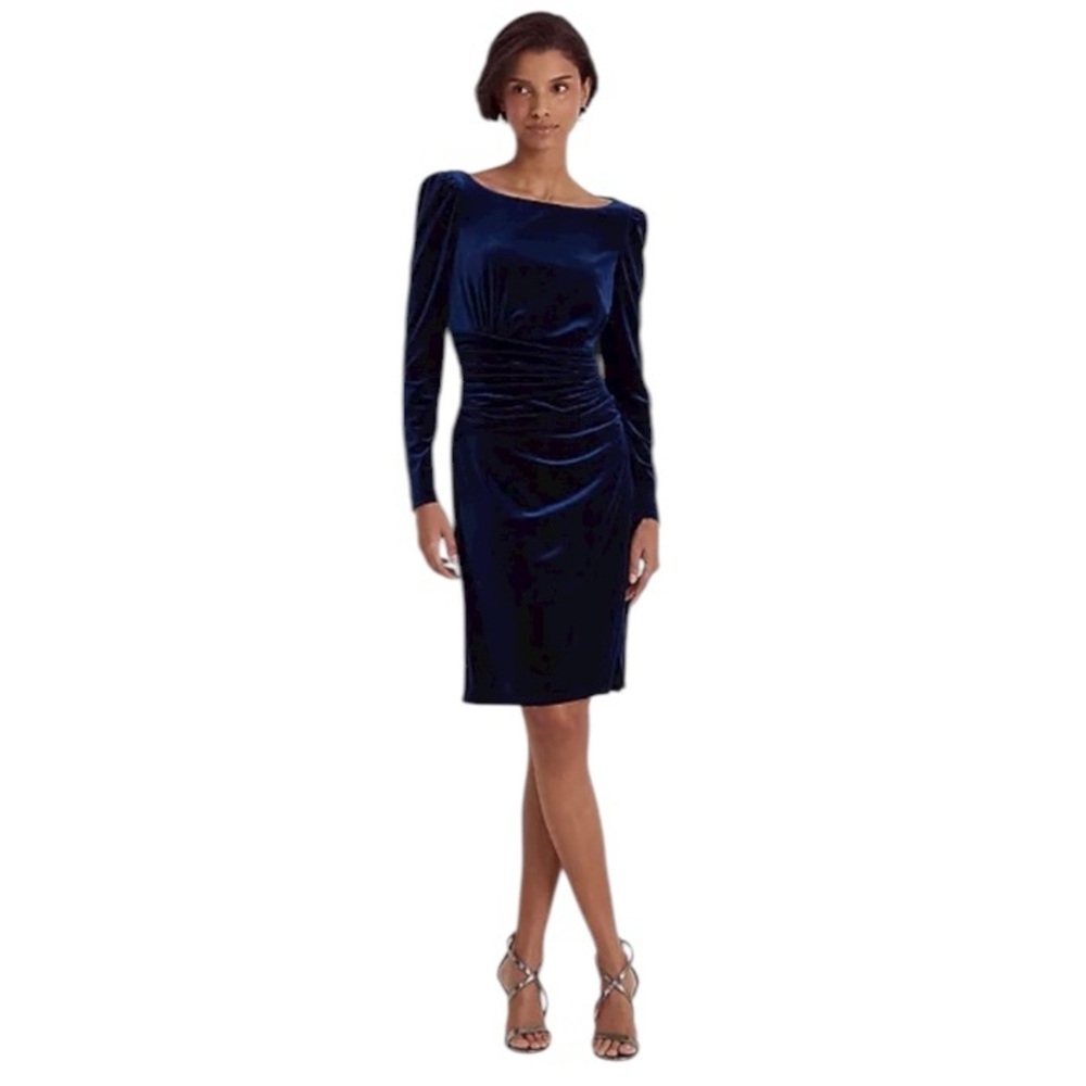 NWOT Lauren Ralph Lauren Velvet Puff Sleeve Cocktail Dress in Sapphire Blue